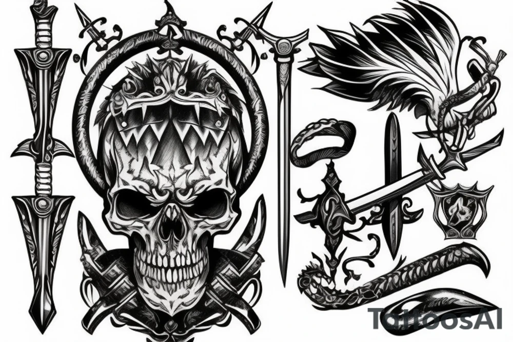 Sword and scales of Justice piercing skull tattoo idea