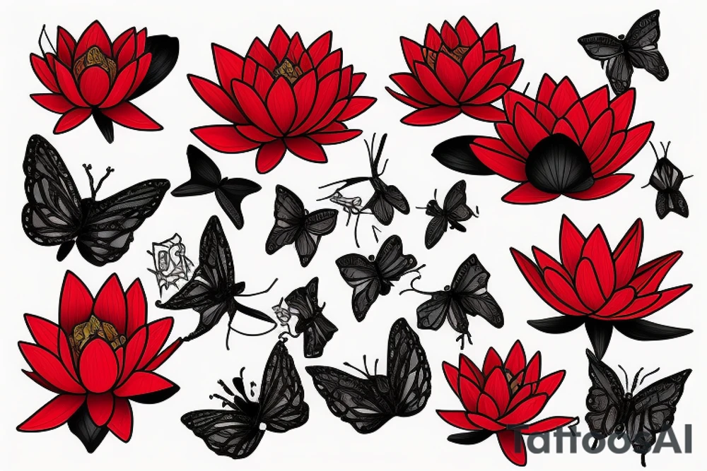 Red Lotus flower with black butterflies tattoo idea