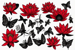 Red Lotus flower with black butterflies tattoo idea
