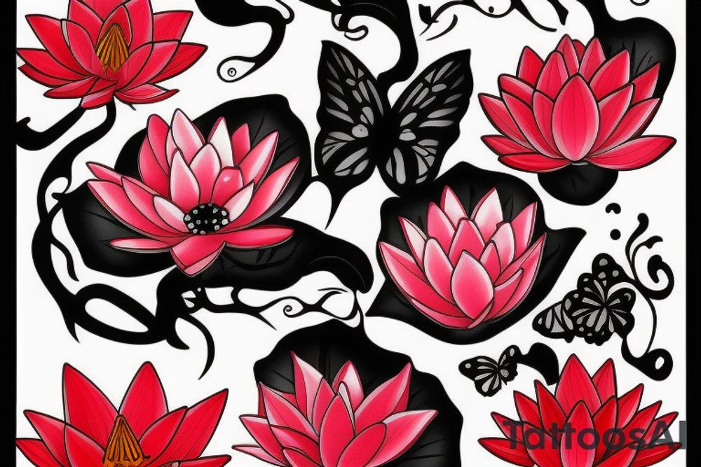 Red Lotus flower with black butterflies tattoo idea