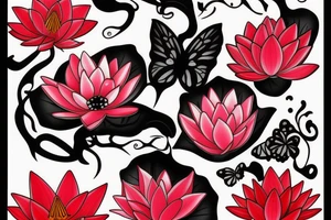 Red Lotus flower with black butterflies tattoo idea