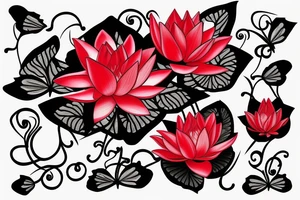 Red Lotus flower on black stem with 3 black butterflies tattoo idea