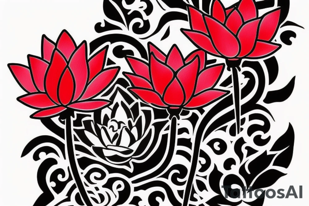 Red Lotus flower on black stem with 3 black butterflies tattoo idea