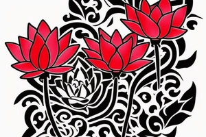 Red Lotus flower on black stem with 3 black butterflies tattoo idea