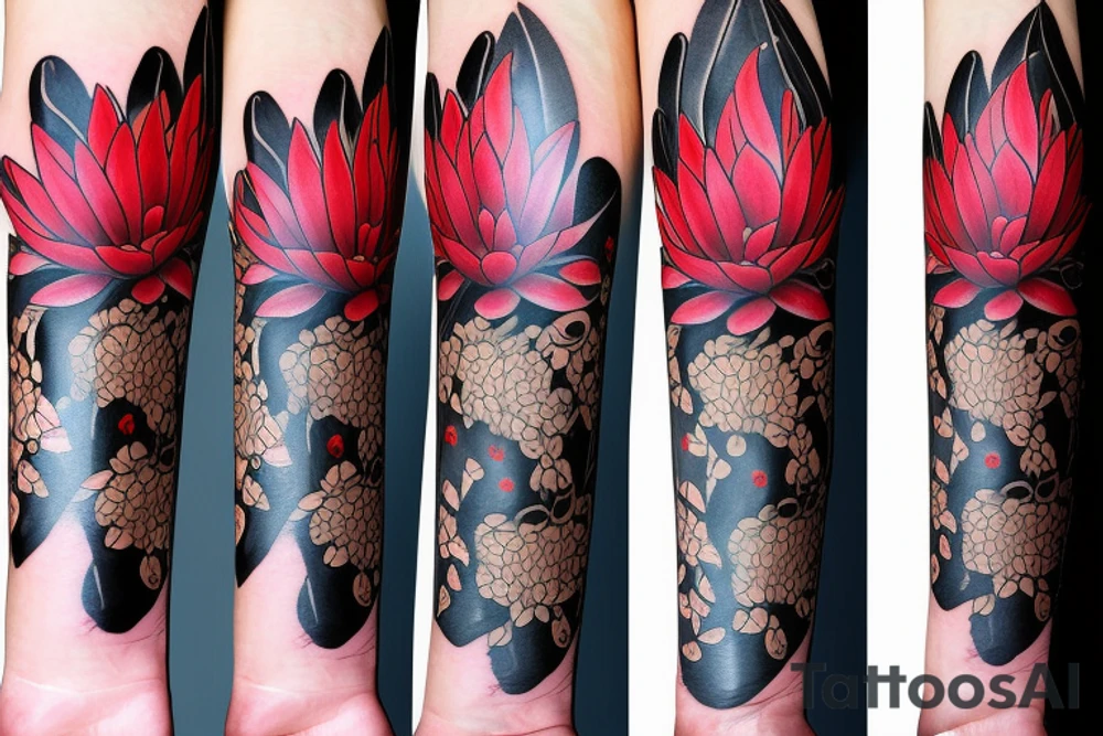 Red Lotus flower  black stem with 3 black butterflies tattoo idea
