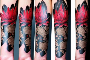 Red Lotus flower  black stem with 3 black butterflies tattoo idea
