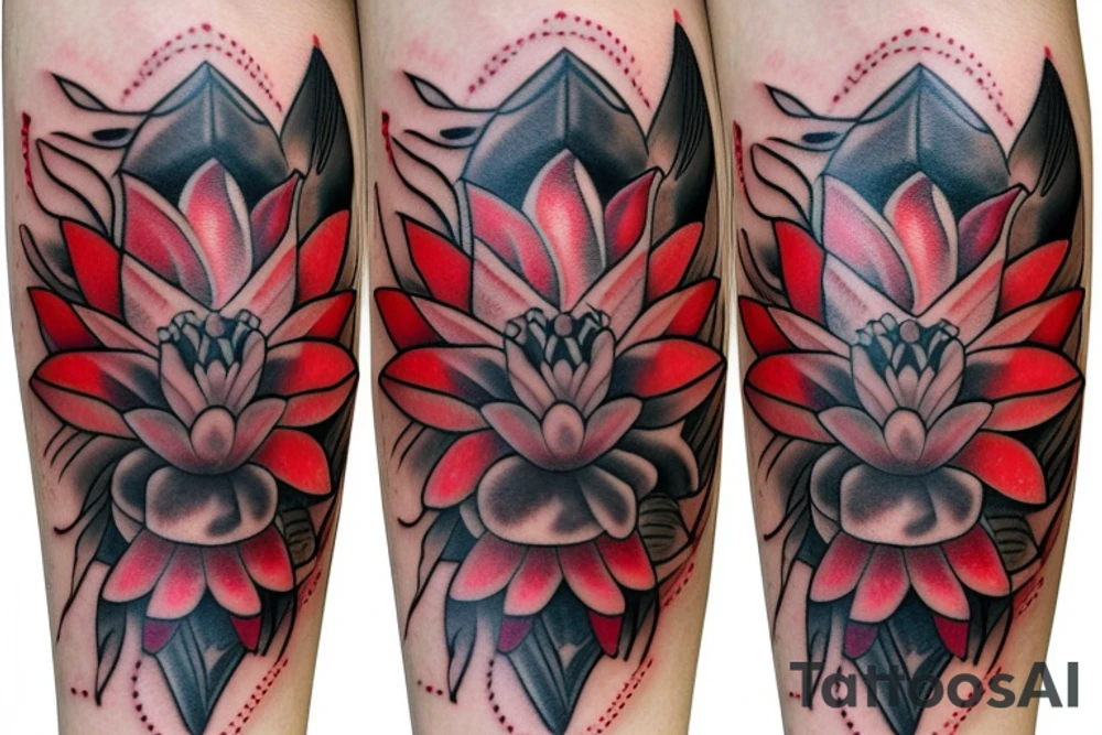 Red Lotus flower  black stem with 3 black butterflies tattoo idea