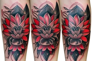 Red Lotus flower  black stem with 3 black butterflies tattoo idea