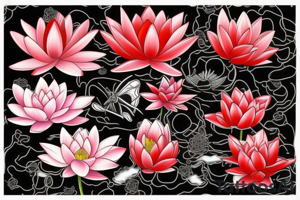 Red Lotus flower with 3 black butterflies tattoo idea
