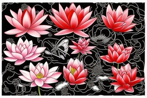 Red Lotus flower with 3 black butterflies tattoo idea