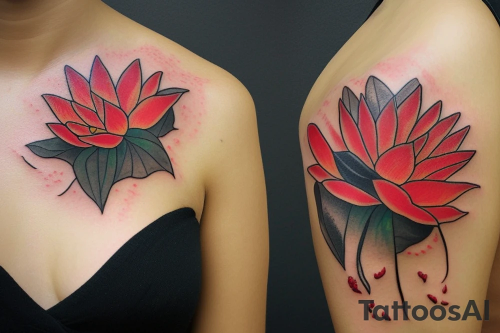 Red Lotus flower with 3 black butterflies tattoo idea