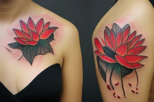 Red Lotus flower with 3 black butterflies tattoo idea