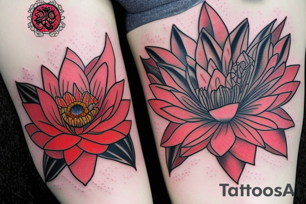 Red Lotus flower with 3 black butterflies tattoo idea