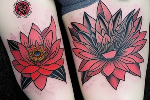 Red Lotus flower with 3 black butterflies tattoo idea