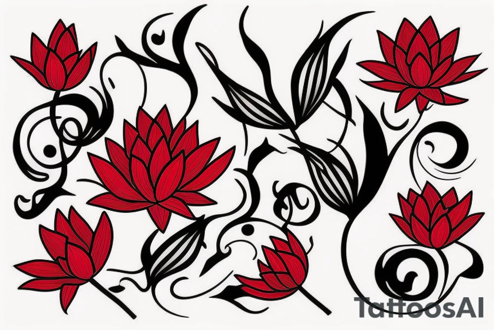 Red Lotus flower with 3 black butterflies tattoo idea