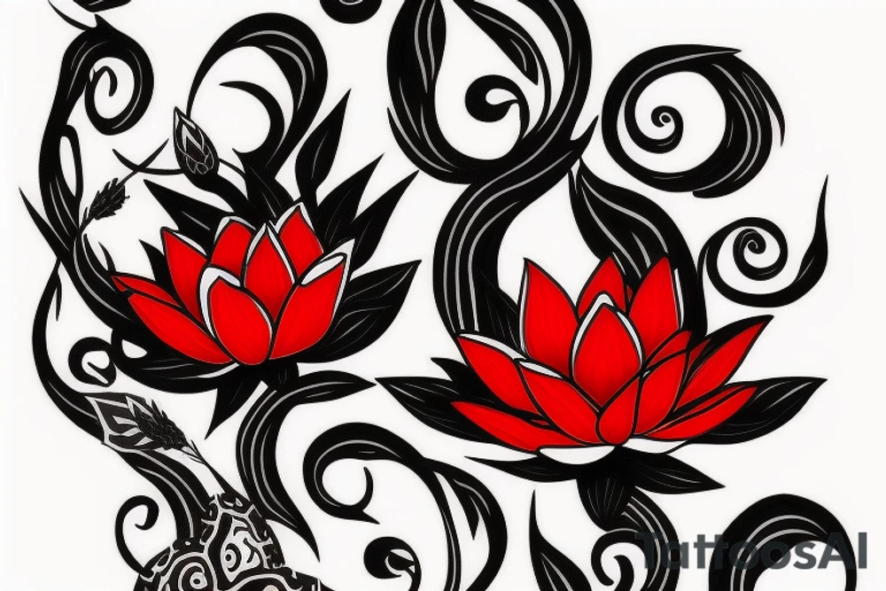 Red Lotus flower with 3 black butterflies tattoo idea