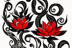 Red Lotus flower with 3 black butterflies tattoo idea