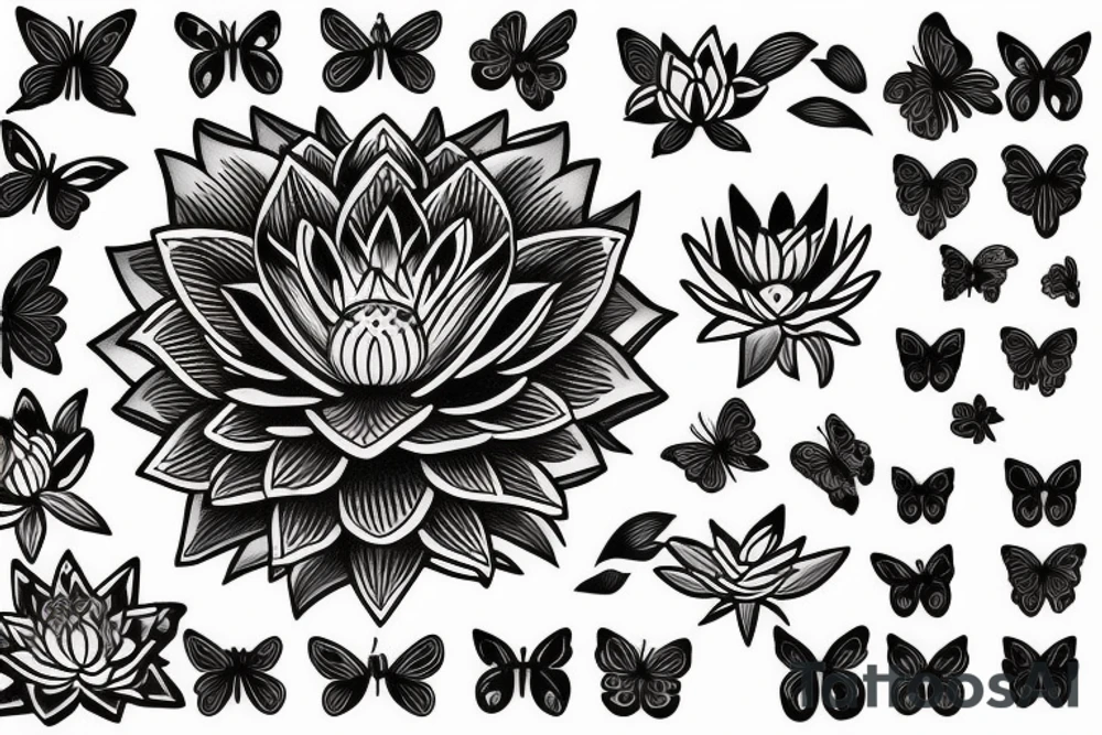 Red Lotus flower with 3 black butterflies tattoo idea