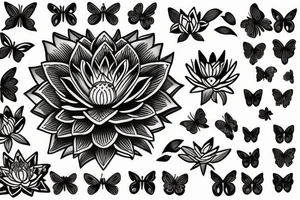 Red Lotus flower with 3 black butterflies tattoo idea