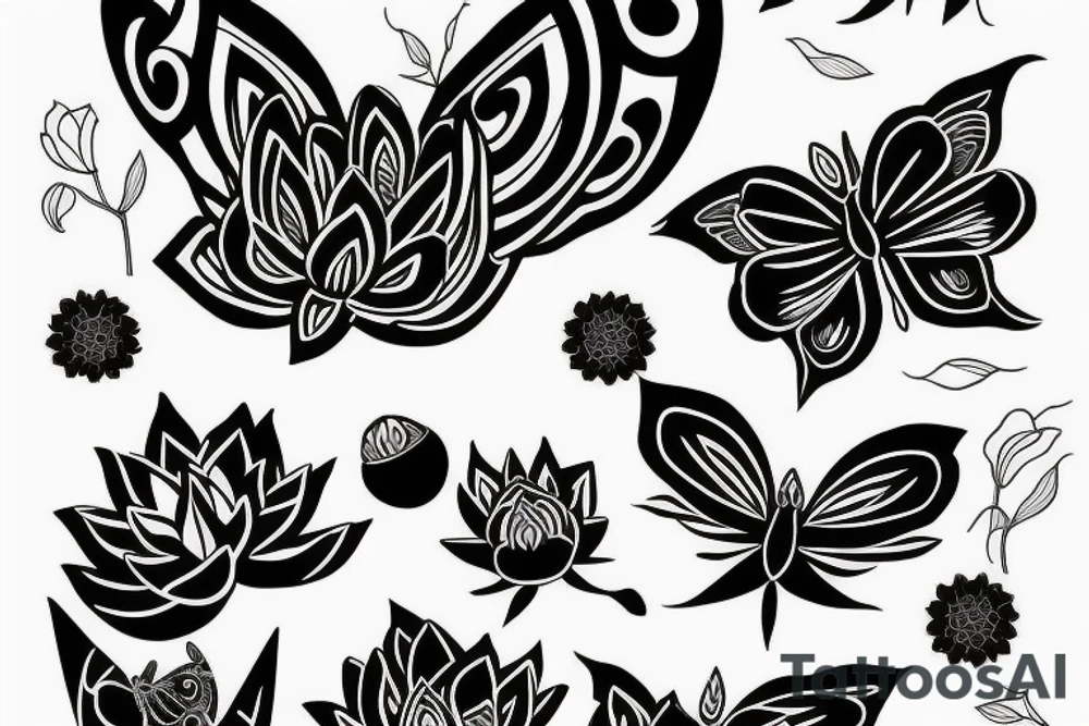 Red Lotus flower with 3 black butterflies tattoo idea