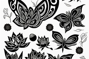 Red Lotus flower with 3 black butterflies tattoo idea