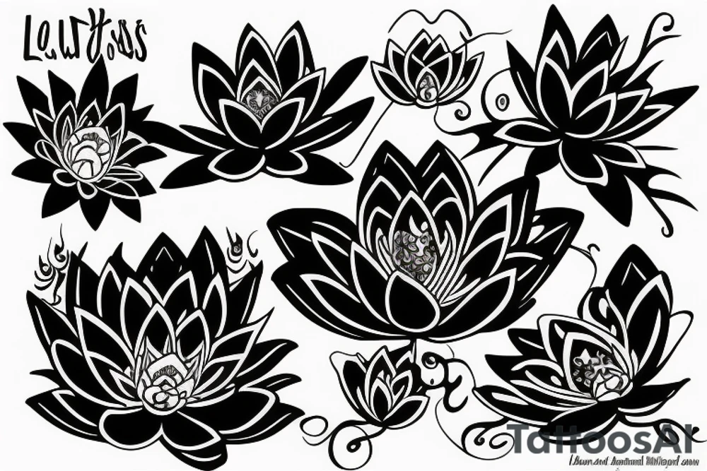 Red Lotus flower with 3 black butterflies tattoo idea