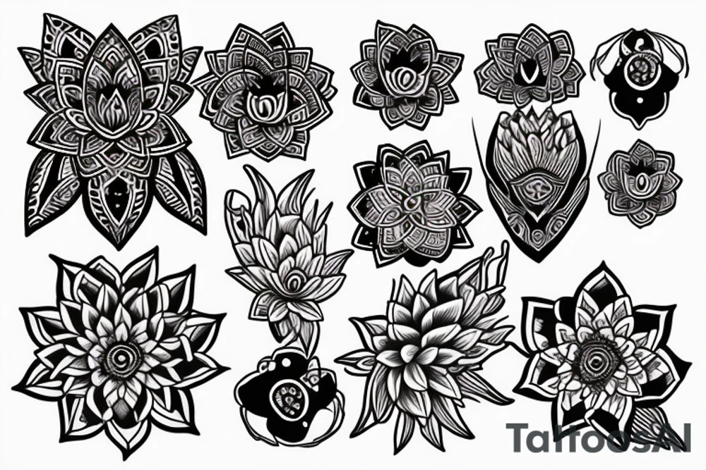 Red Lotus flower with 3 black butterflies tattoo idea