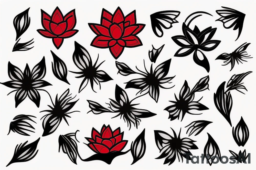 Red Lotus flower with 3 black butterflies tattoo idea