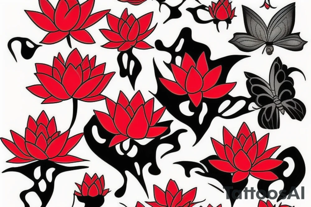 Red Lotus flower with 3 black butterflies tattoo idea