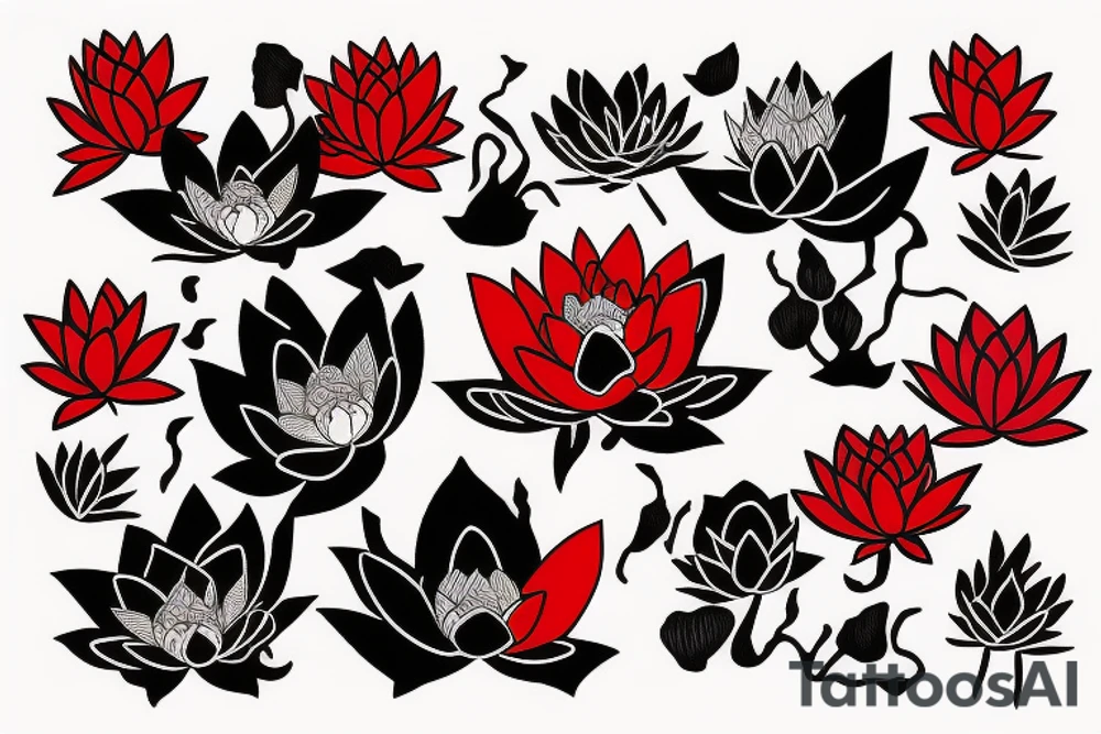 Red Lotus flower with 3 black butterflies tattoo idea