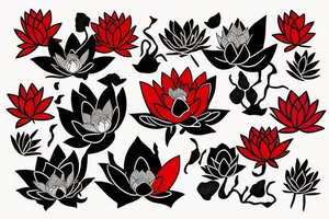 Red Lotus flower with 3 black butterflies tattoo idea