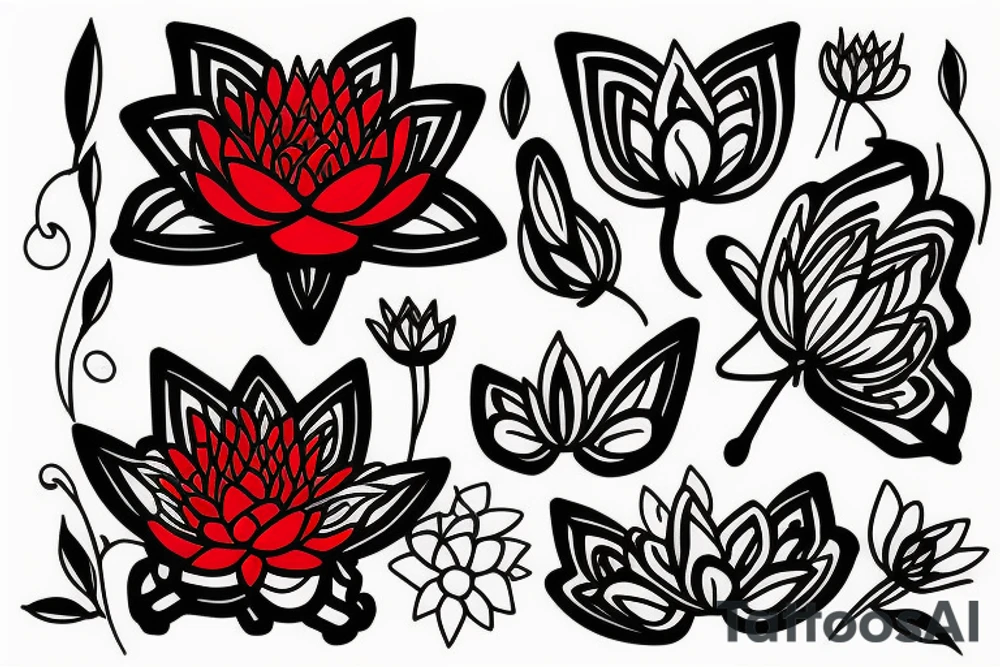 Red Lotus flower with 3 black butterflies tattoo idea