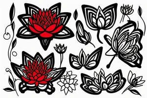 Red Lotus flower with 3 black butterflies tattoo idea