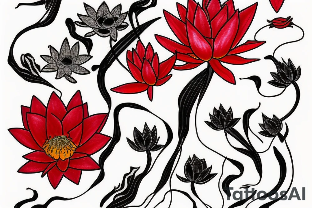 Red Lotus flower with 3 black butterflies tattoo idea