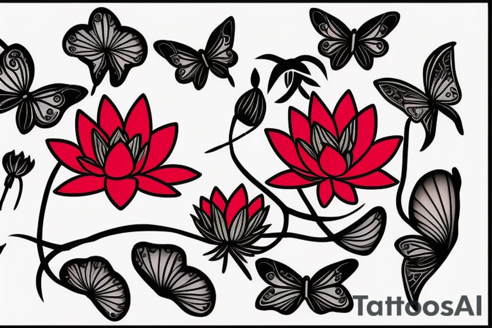Red Lotus flower with 3 black butterflies tattoo idea