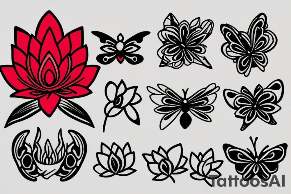 Red Lotus flower with 3 black butterflies tattoo idea