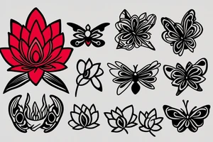 Red Lotus flower with 3 black butterflies tattoo idea