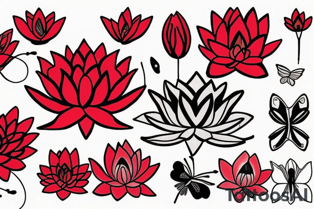 Red Lotus flower with 3 black butterflies tattoo idea