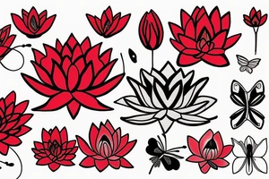 Red Lotus flower with 3 black butterflies tattoo idea