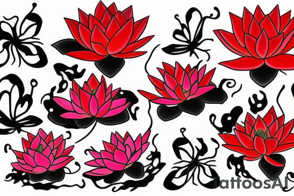 Red Lotus flower with 3 black butterflies tattoo idea