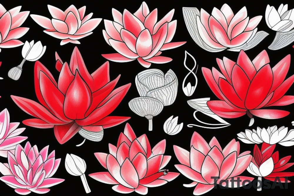 Red Lotus flower with 3 black butterflies tattoo idea