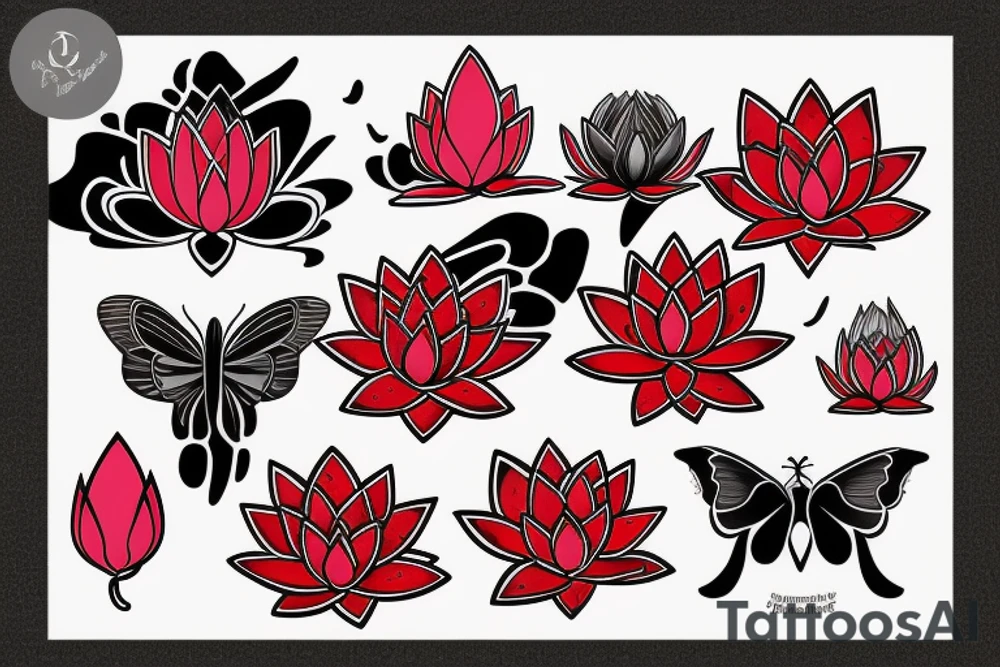Red Lotus flower with 3 black butterflies tattoo idea