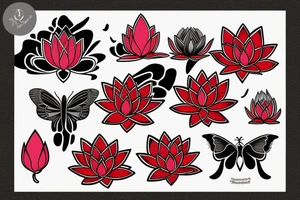 Red Lotus flower with 3 black butterflies tattoo idea