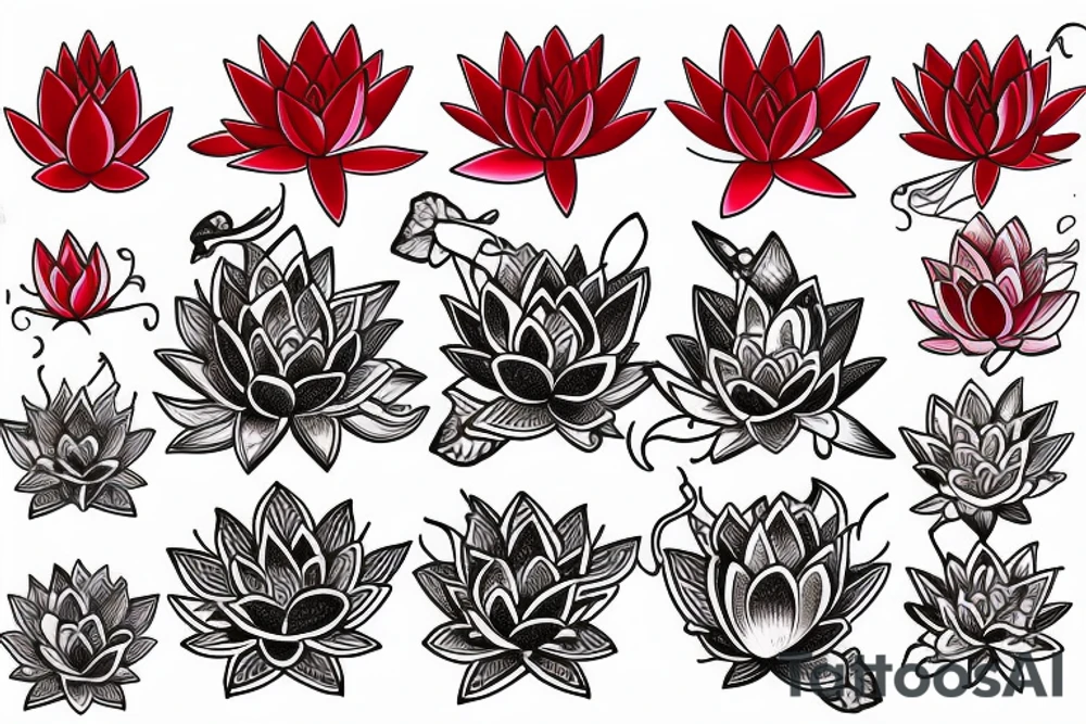 Red Lotus flower with 3 black butterflies tattoo idea