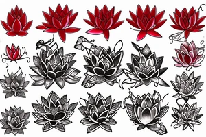 Red Lotus flower with 3 black butterflies tattoo idea