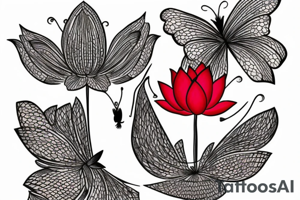 Red Lotus flower with 3 black butterflies tattoo idea