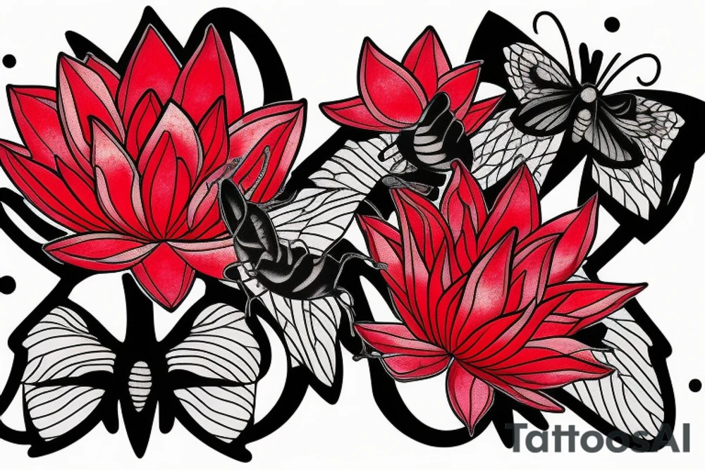 Red Lotus flower with 3 black butterflies tattoo idea