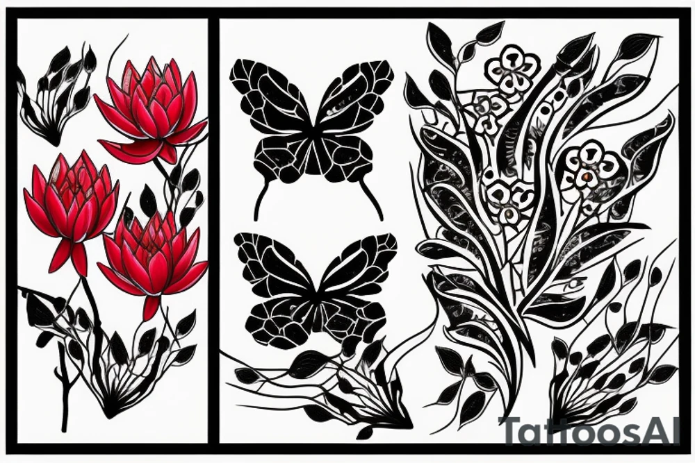 Red Lotus flower with 3 black butterflies tattoo idea