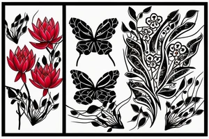Red Lotus flower with 3 black butterflies tattoo idea