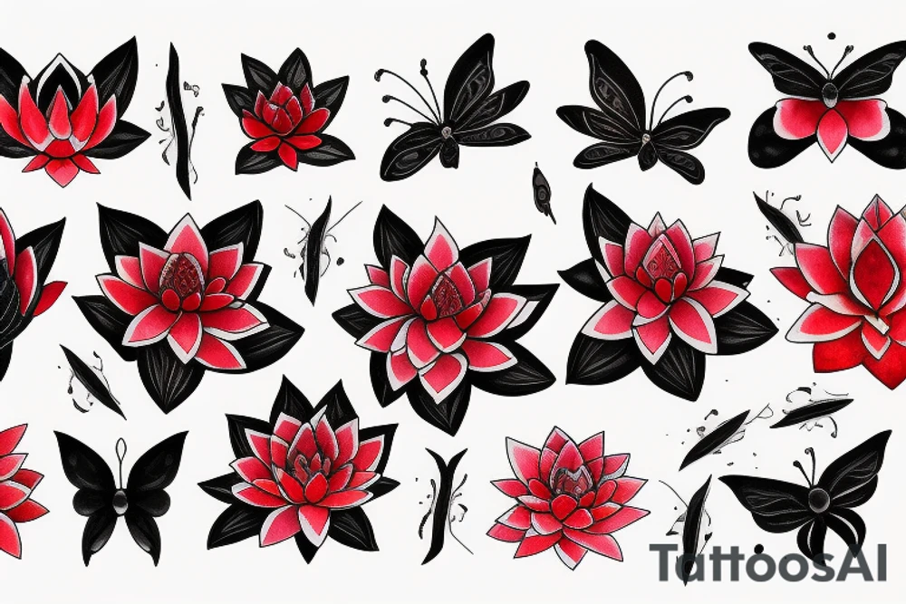 Red Lotus flower with 3 black butterflies tattoo idea